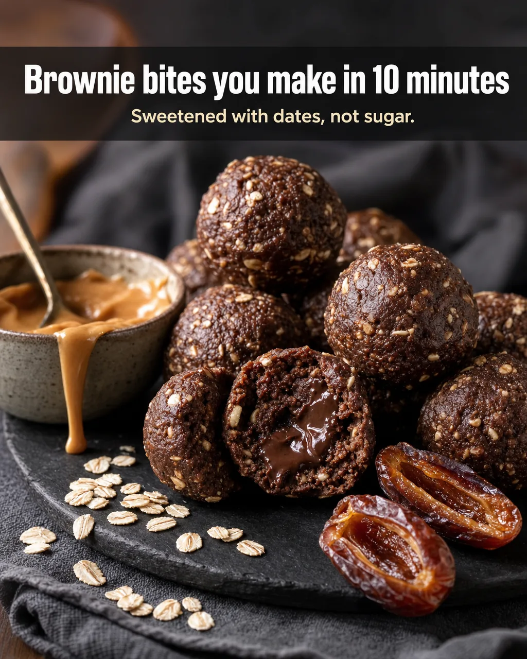 Pile of no-bake peanut butter brownie energy bites on a dark plate, one split open
