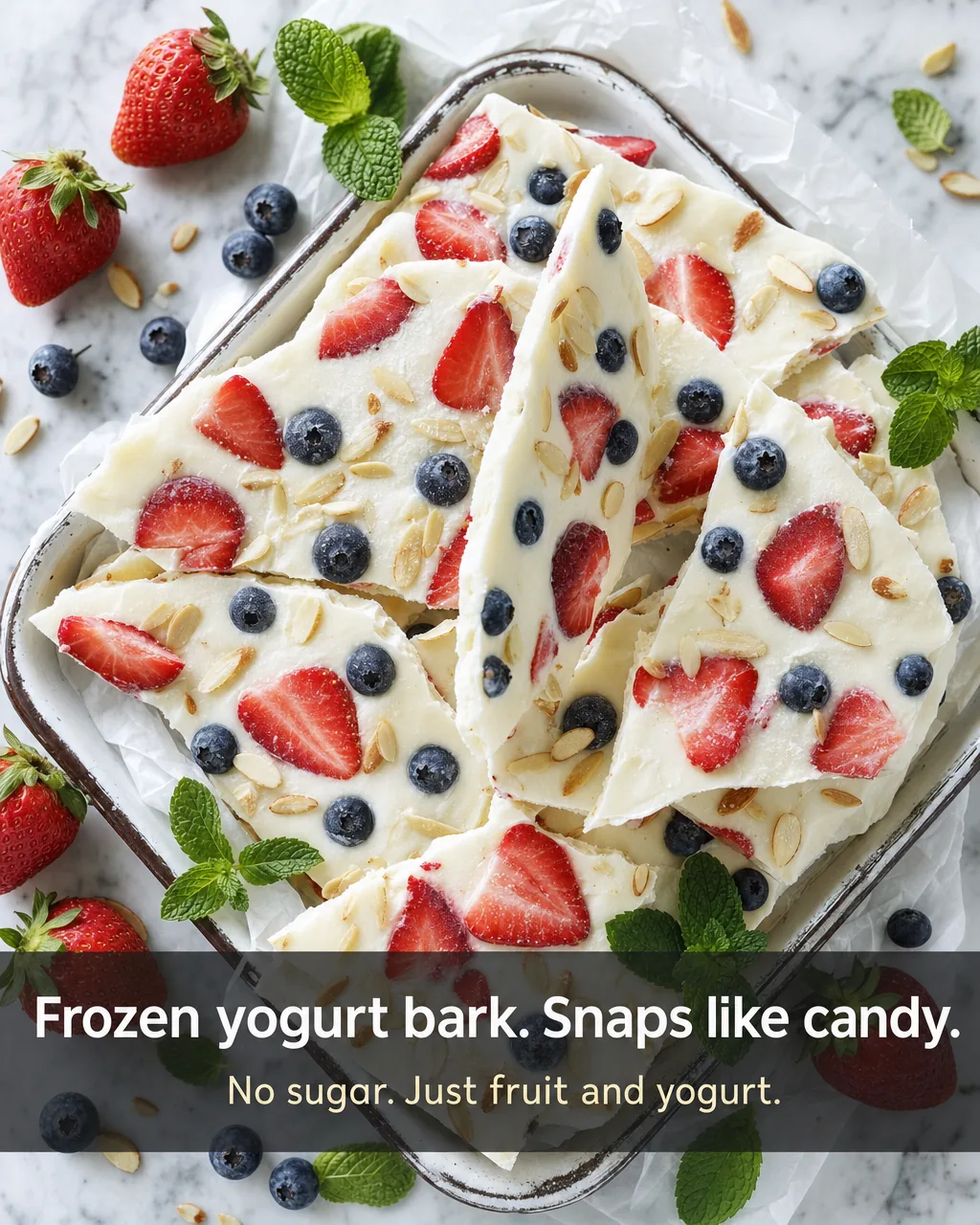 Shards of frozen strawberry yogurt bark studded with berries and almonds